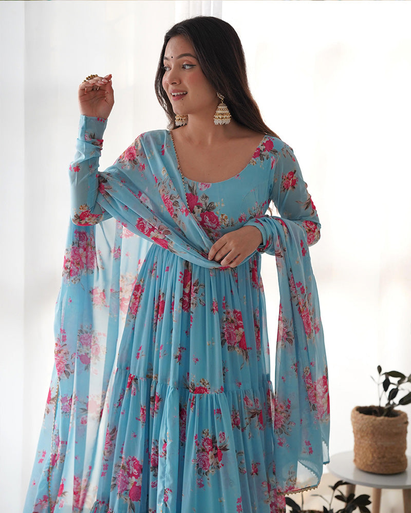 Sky Blue Color Soft Georgette Ruffle Style Three Piece Anarkali Suit