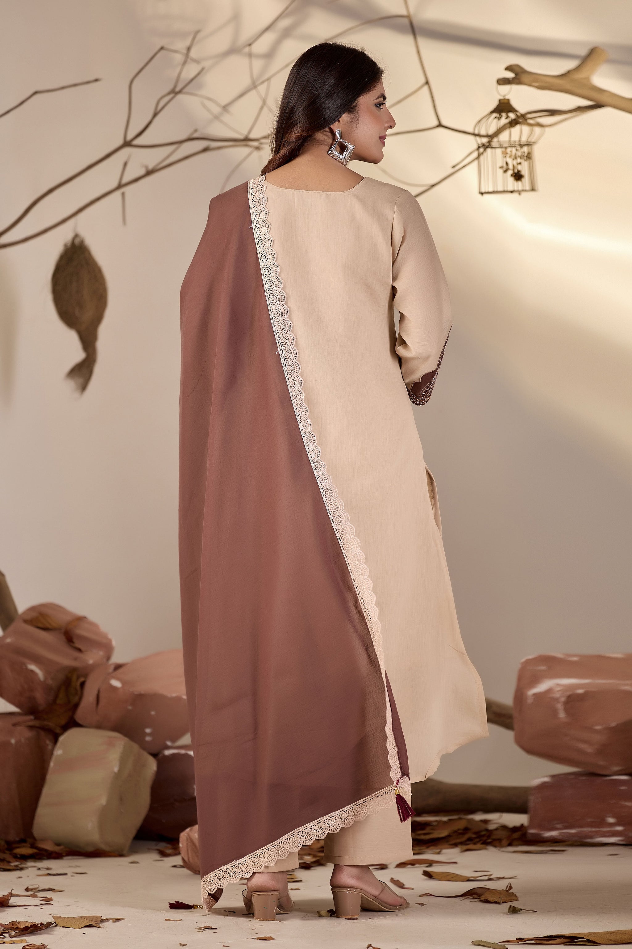Beige Straight Kurta Set with Brown Peacock Embroidery & Lace-Trim Dupatta