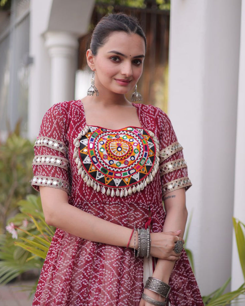 Maroon Color Bandhani Printed Kurti With Kora Cotton Lehenga