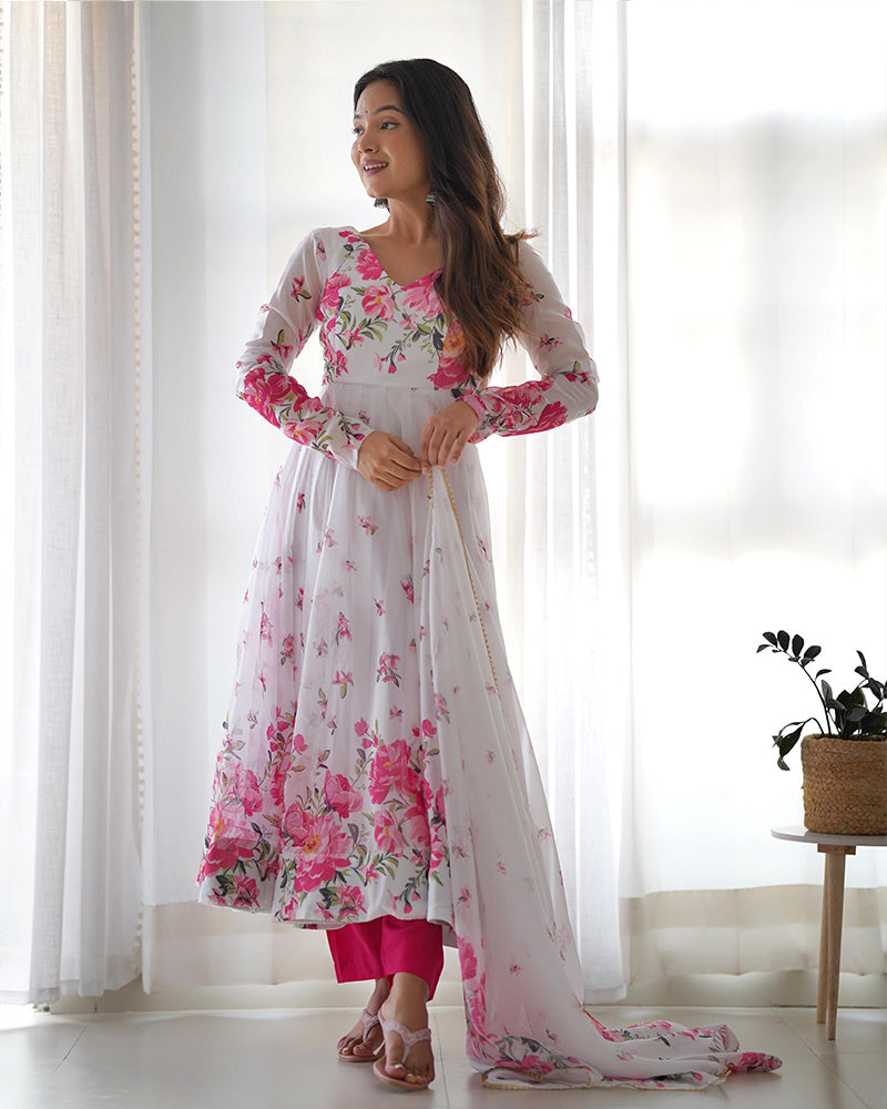 White Organza Silk Floral Print Three Piece Anarkali Suit