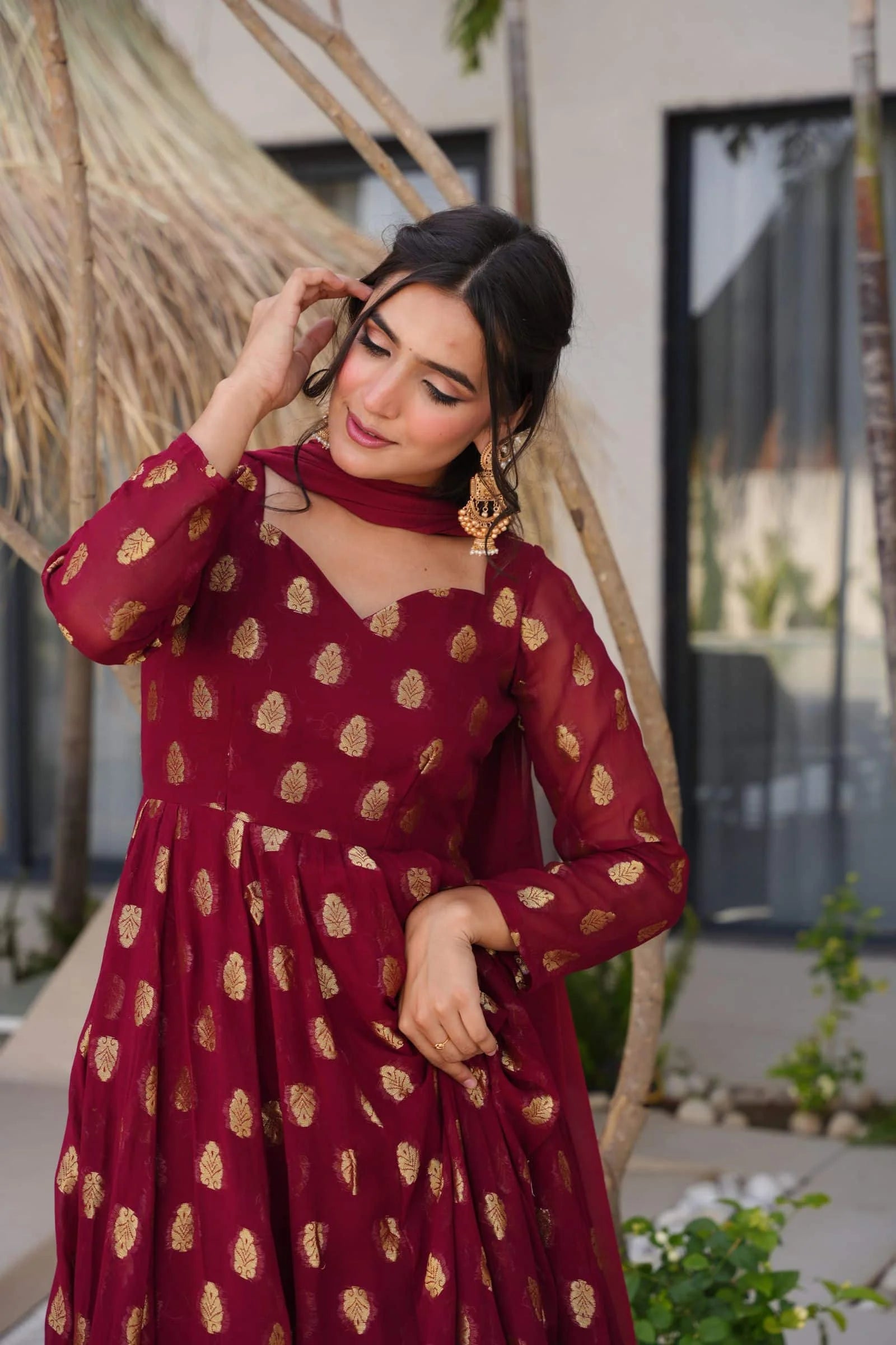 Traditional Maroon Anarkali Suit Set For Weddings And Special Occasions