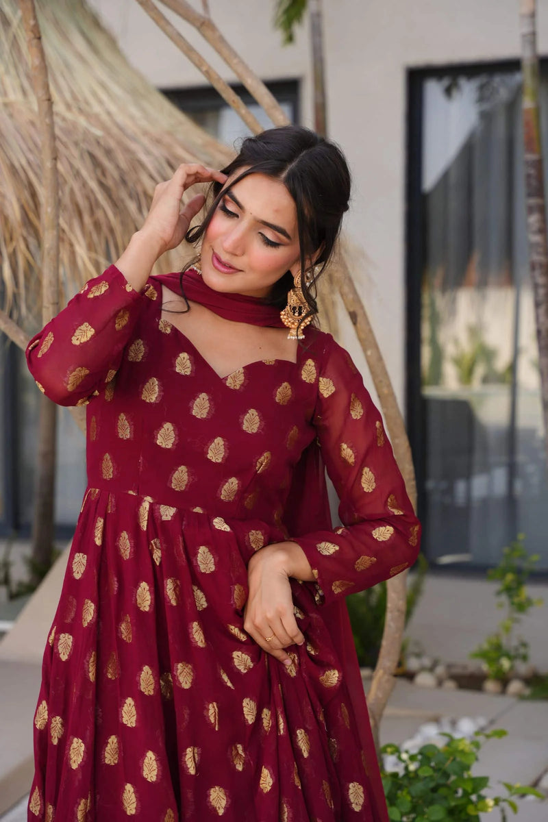 Traditional Maroon Anarkali Suit Set For Weddings And Special Occasions