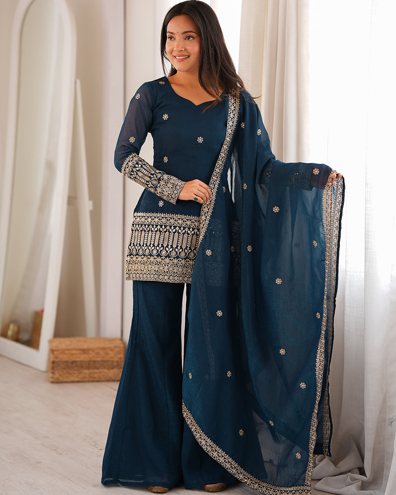 TEAL BLUE COLOR EMBROIDERED CRUNCHY SILK PLAZZO SUIT