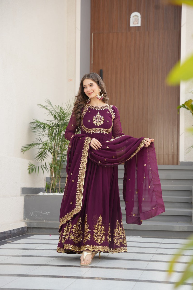 Heavy Designer Gown in Wine Georgette With Sequence Embroidery Work and Dupatta