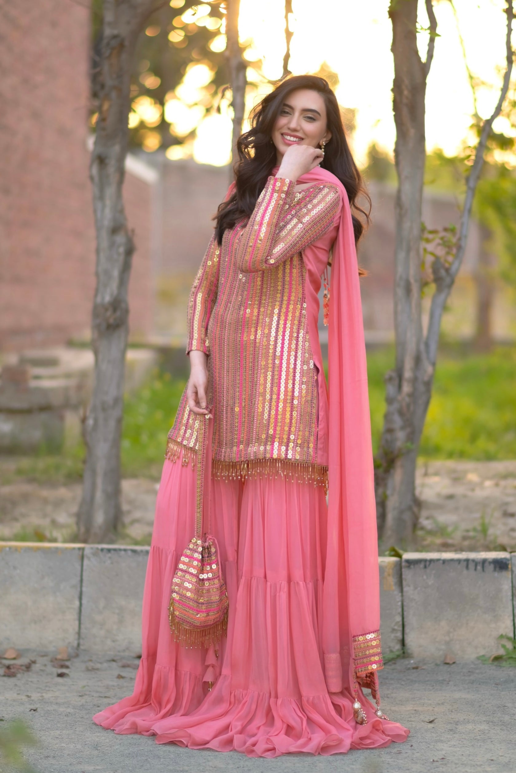 Peach Festive Embroidered Sequin Sharara Suit Set & Gharara Suit Set