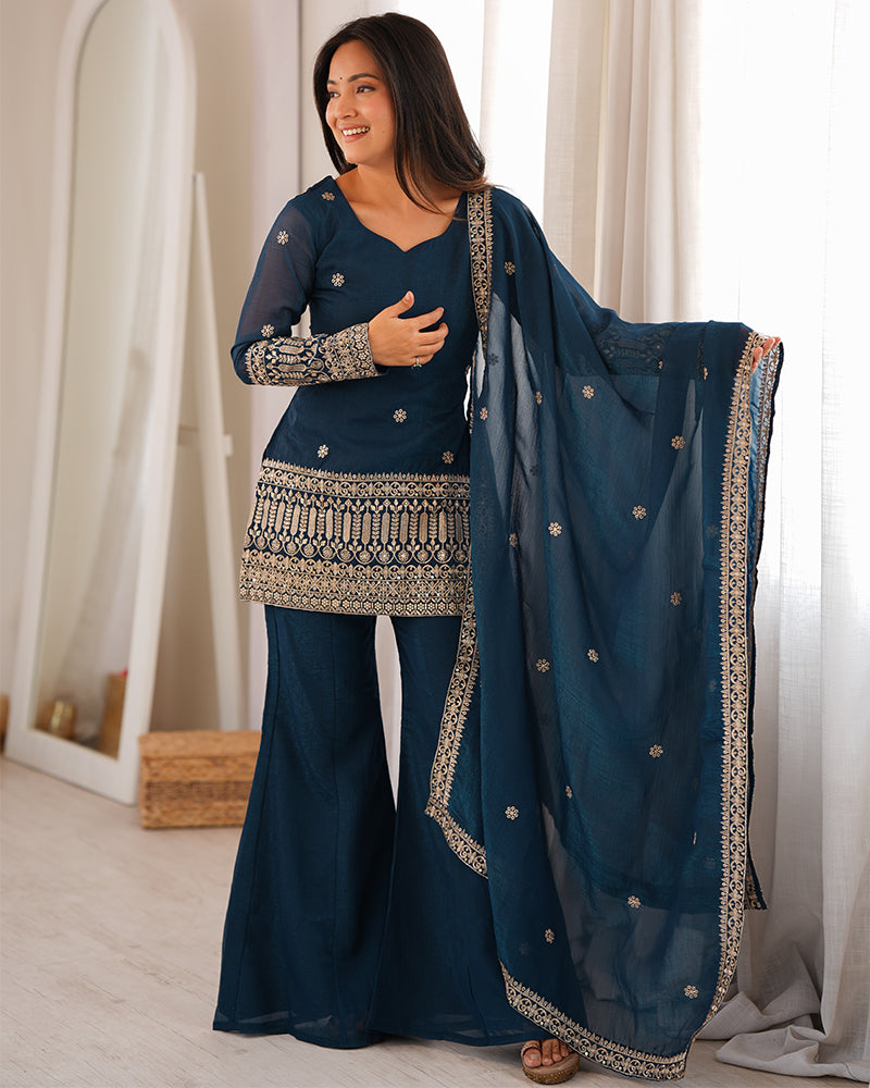 TEAL BLUE COLOR EMBROIDERED CRUNCHY SILK PLAZZO SUIT