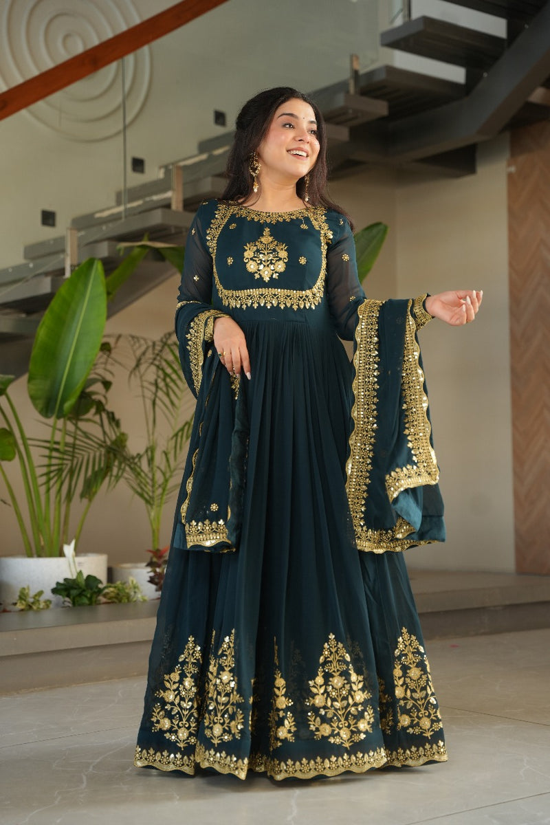 Heavy Designer Gown in Bottle Green Georgette With Sequence Embroidery Work