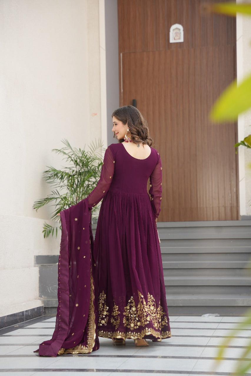 Heavy Designer Gown in Wine Georgette With Sequence Embroidery Work and Dupatta