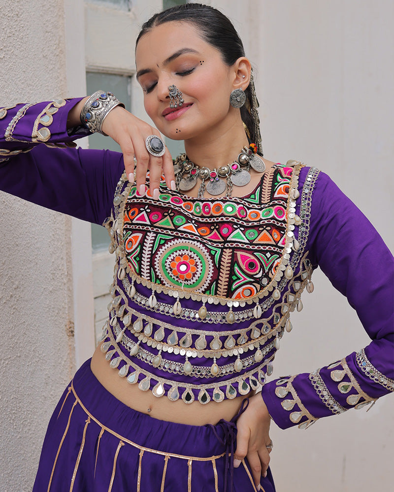 PURPLE COLOR ROMAN SILK NAVRATRI LEHENGA CHOLI