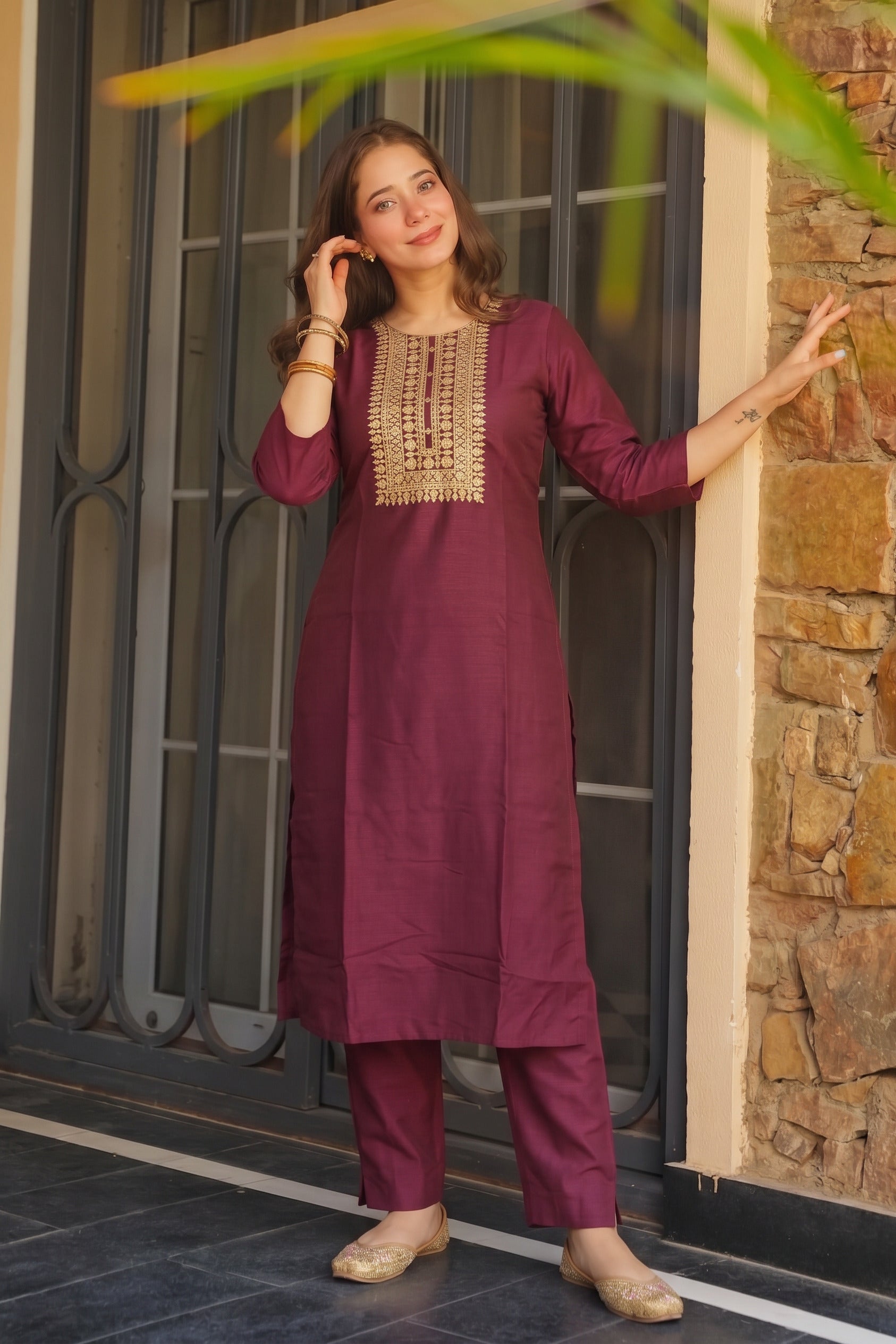 Wine Straight Kurta Set with Gold Embroidered Yoke