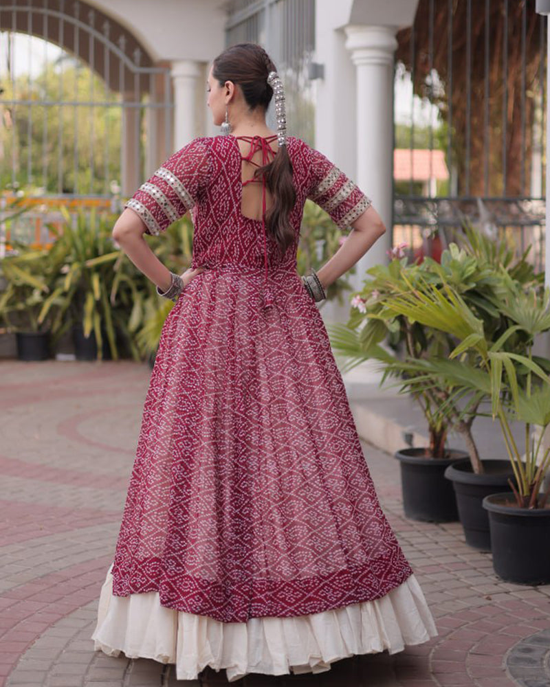 Maroon Color Bandhani Printed Kurti With Kora Cotton Lehenga