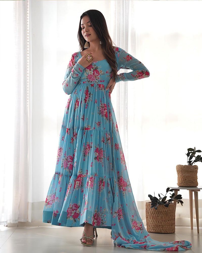 Sky Blue Color Soft Georgette Ruffle Style Three Piece Anarkali Suit