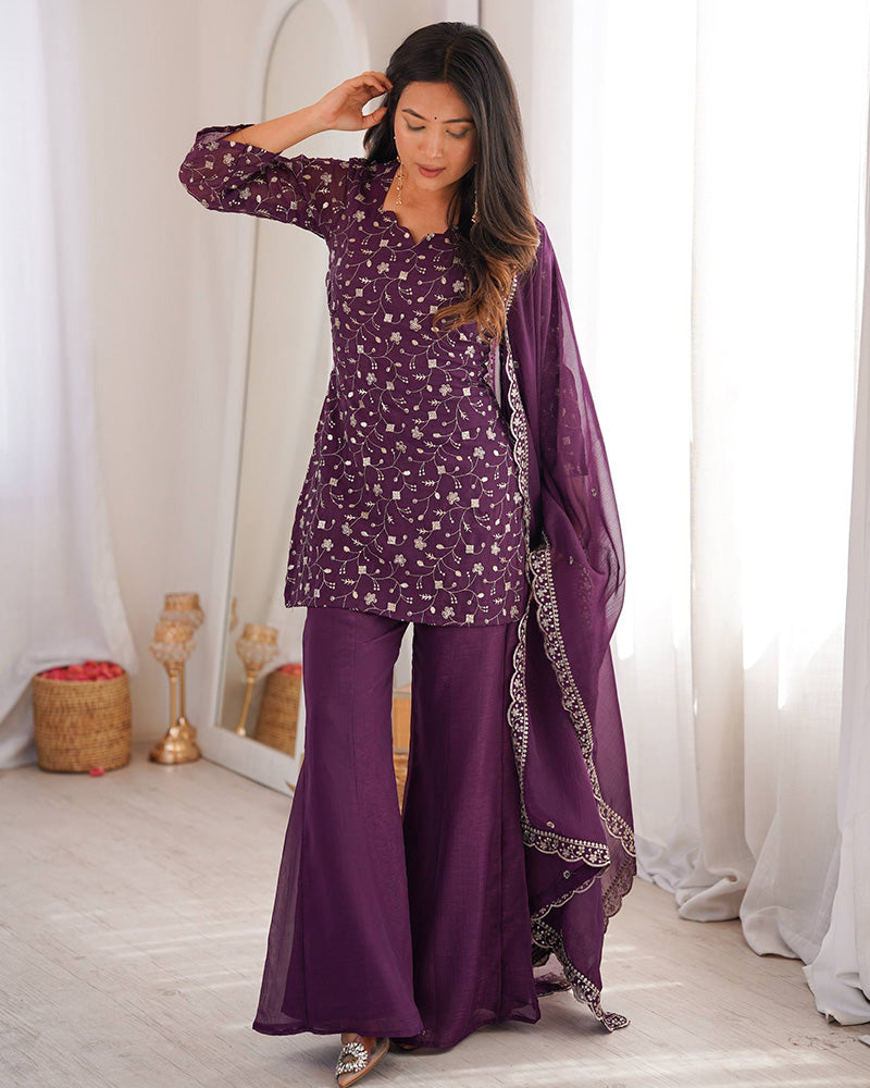 Dusty Mauve Color Crunchy Silk Embroidered Plazzo Suit