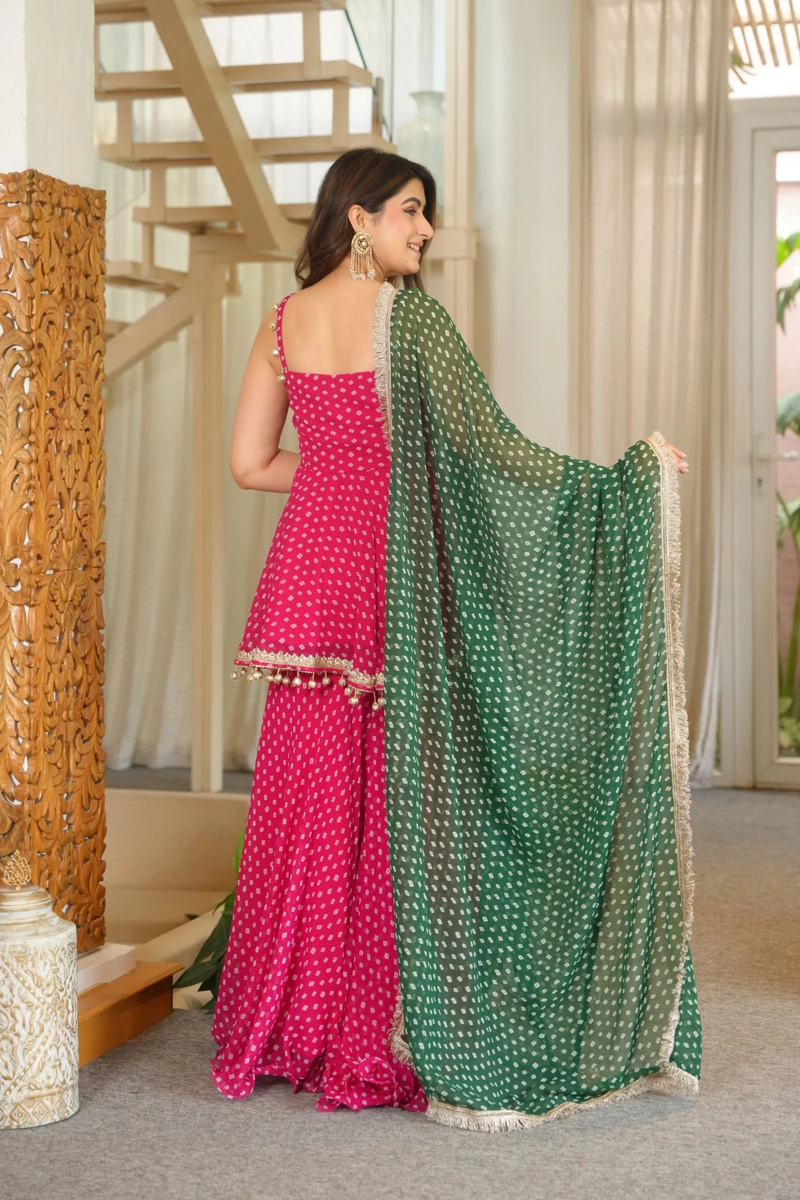Pink Bandhani Print Sharara Suit Set with Green Dupatta