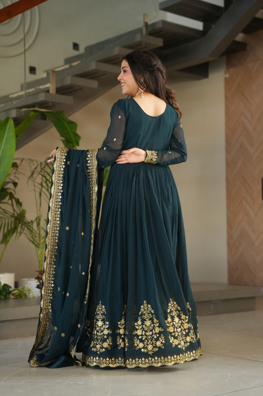 Heavy Designer Gown in Bottle Green Georgette With Sequence Embroidery Work
