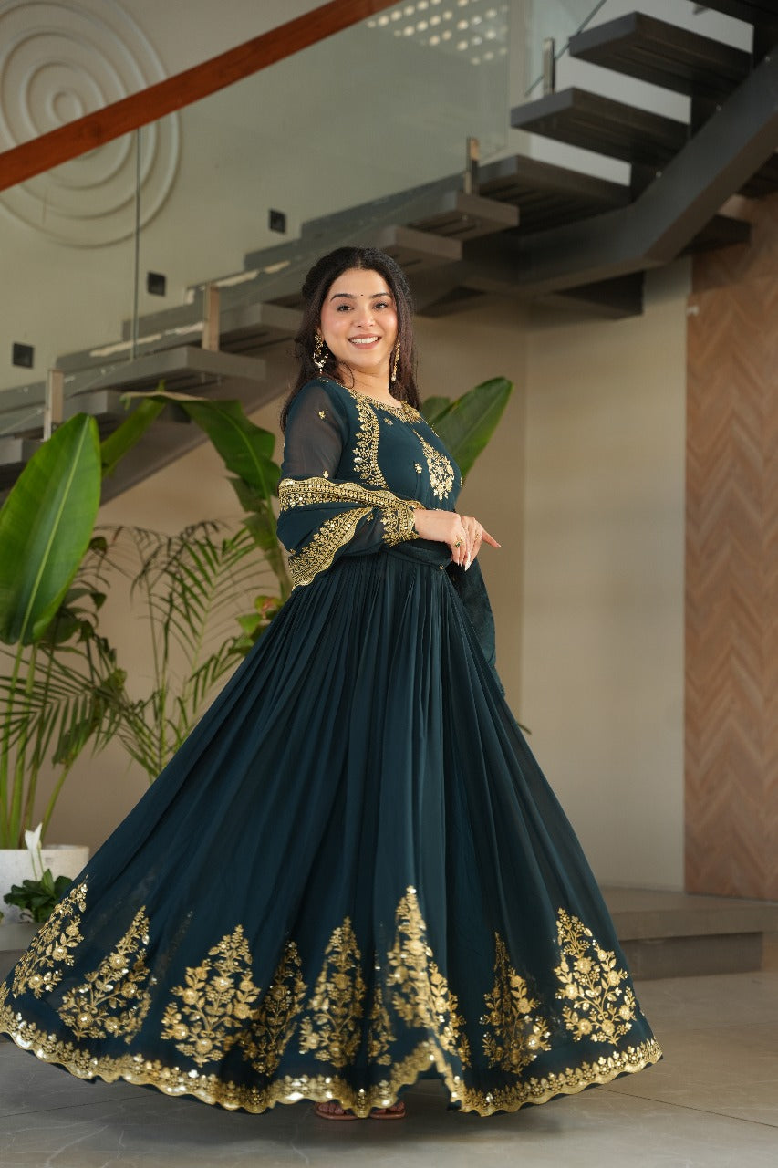 Heavy Designer Gown in Bottle Green Georgette With Sequence Embroidery Work