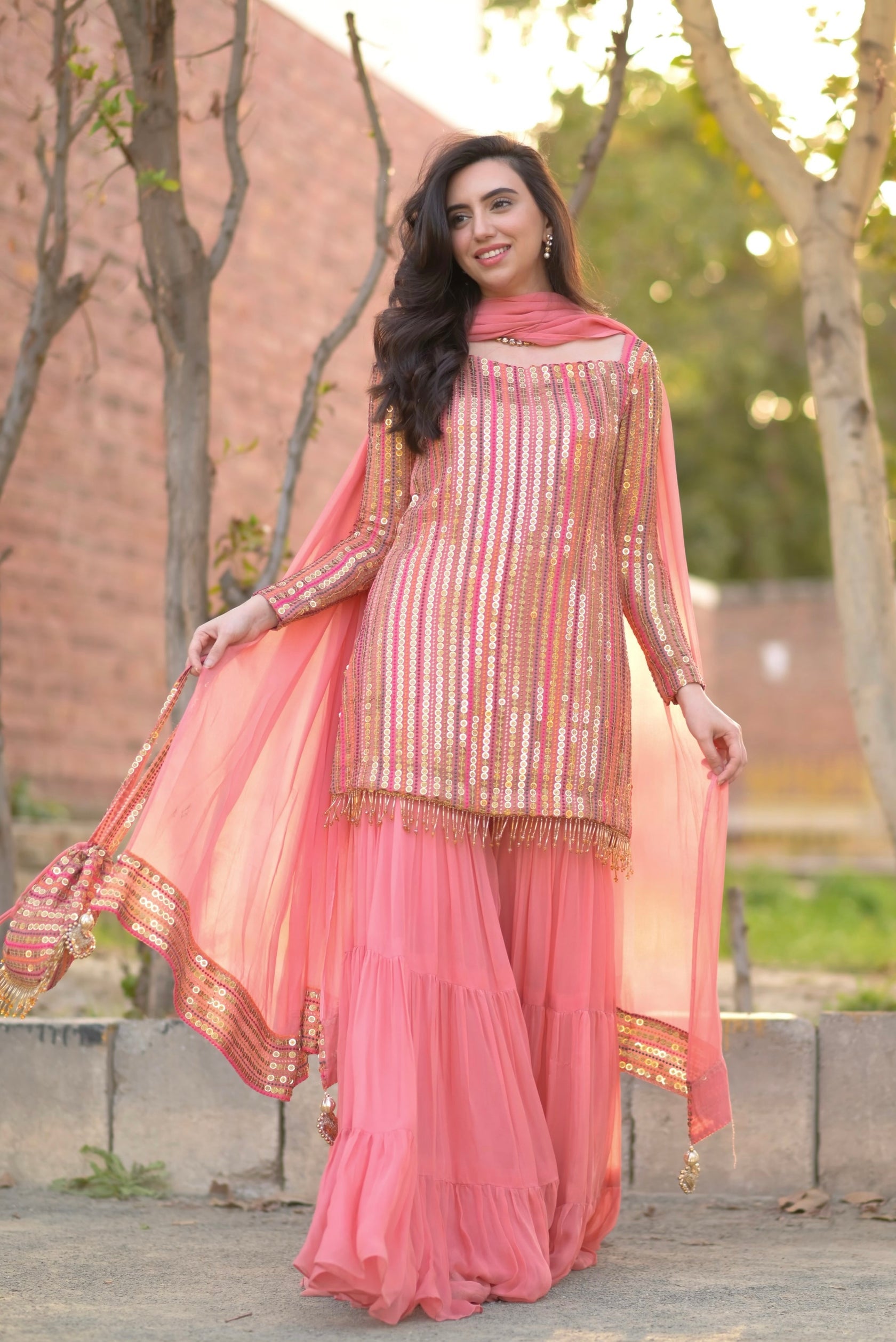 Peach Festive Embroidered Sequin Sharara Suit Set & Gharara Suit Set