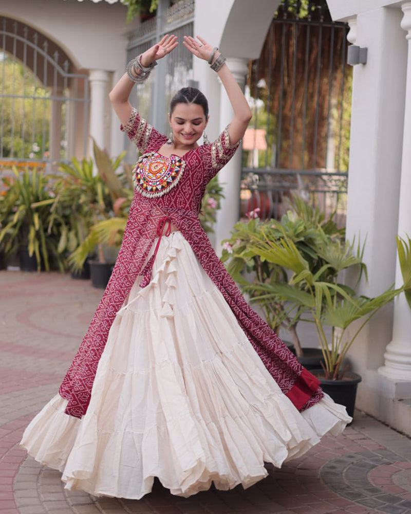 Maroon Color Bandhani Printed Kurti With Kora Cotton Lehenga