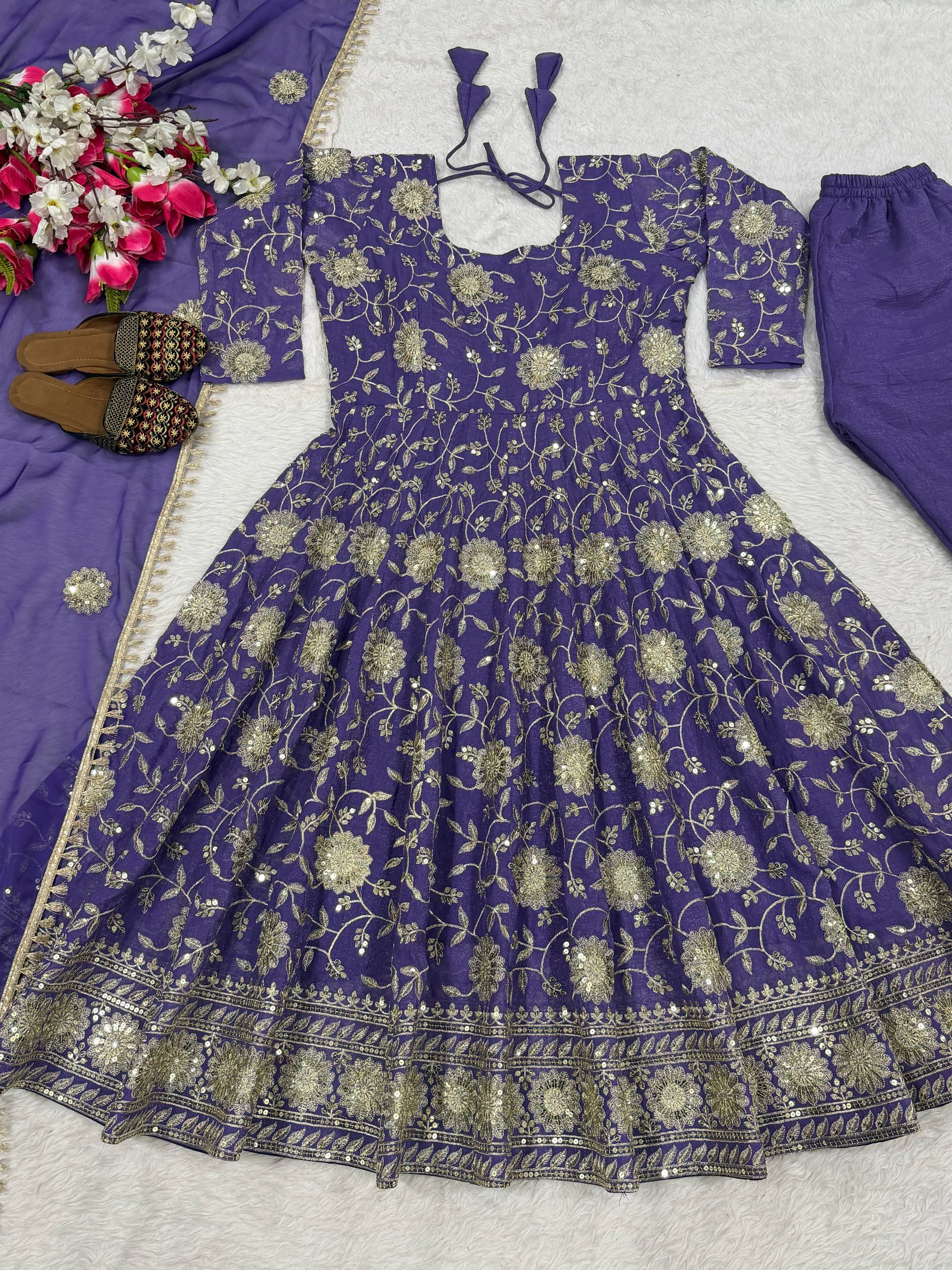 Purple Floral Sequin Embroidered Anarkali Suit with Dupatta - Product Photo