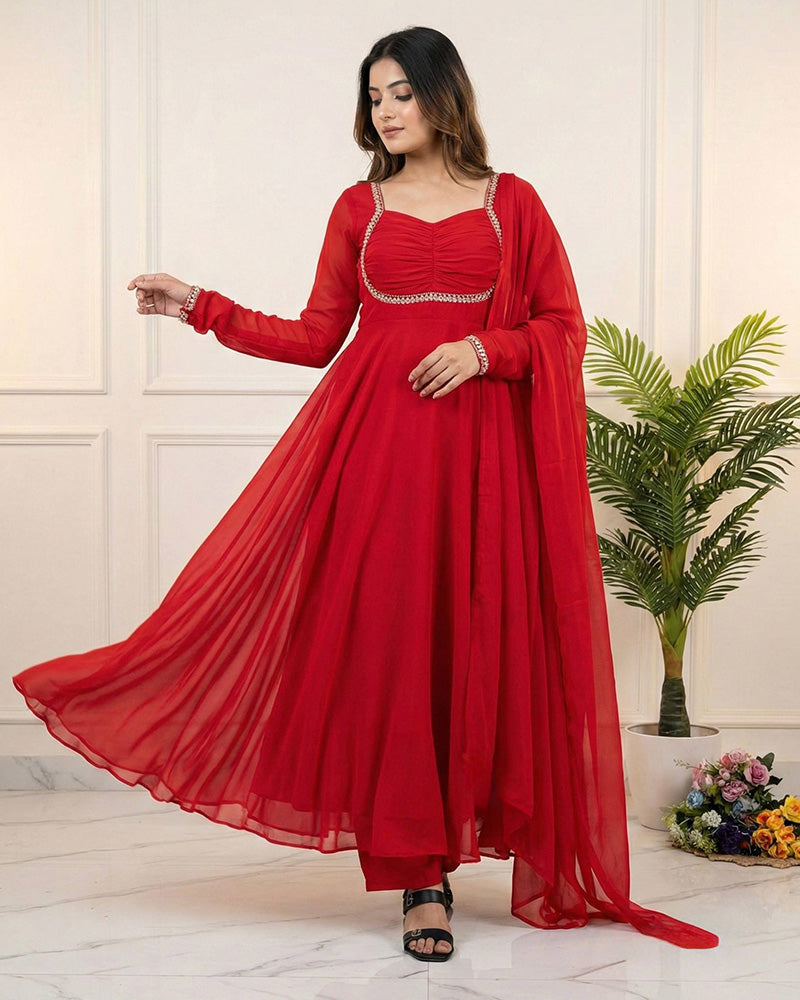 Rusty Red Color Pure Blooming Georgette Anarkali Suit
