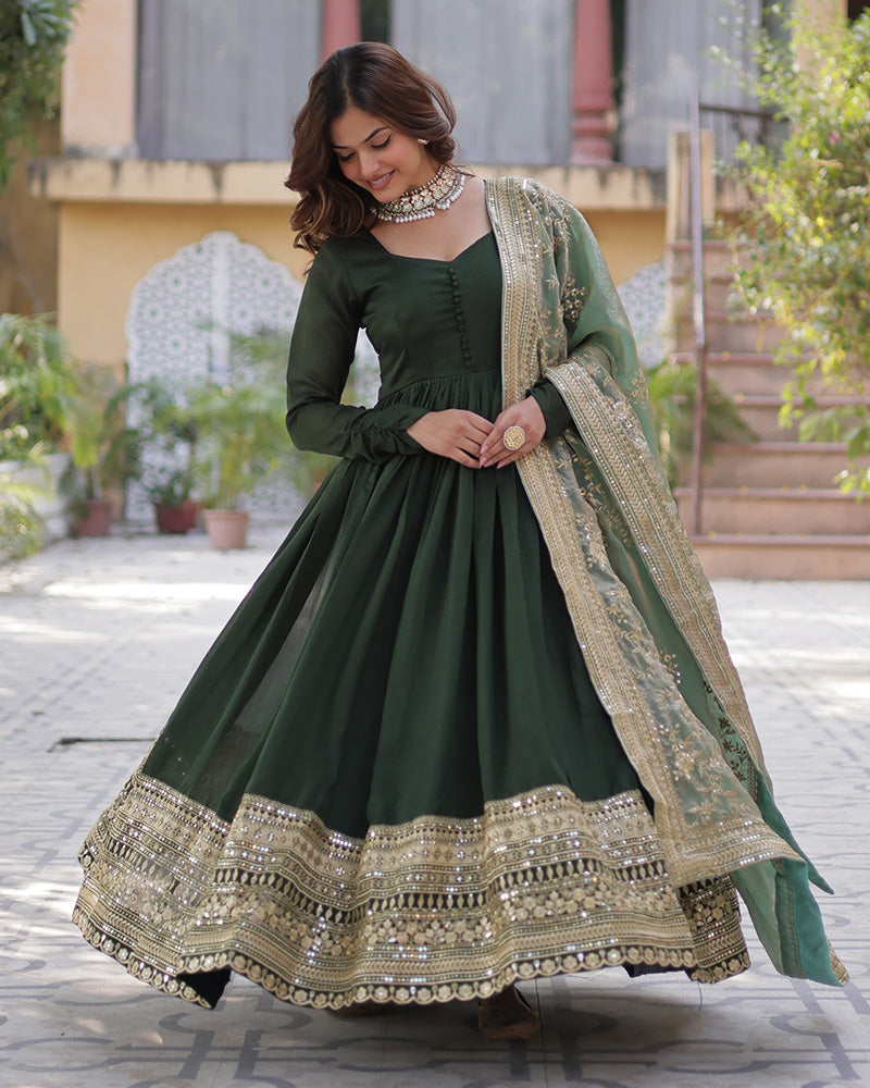 Beautiful mehndi color shimmer gown with embroidered dupatta