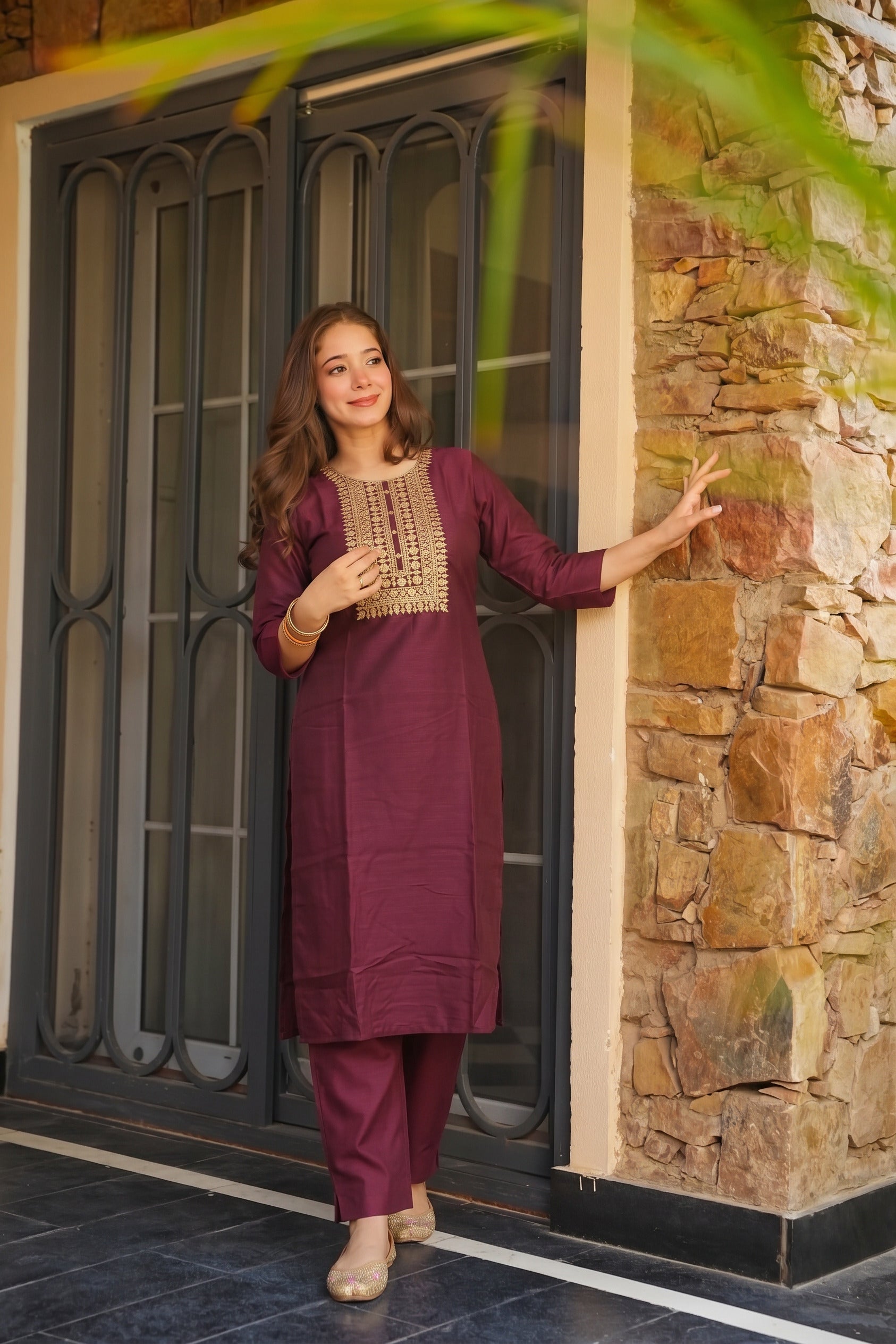 Wine Straight Kurta Set with Gold Embroidered Yoke
