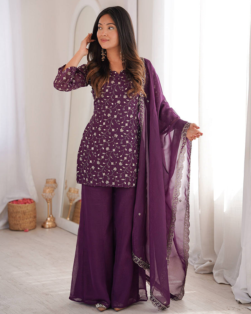 Dusty Mauve Color Crunchy Silk Embroidered Plazzo Suit