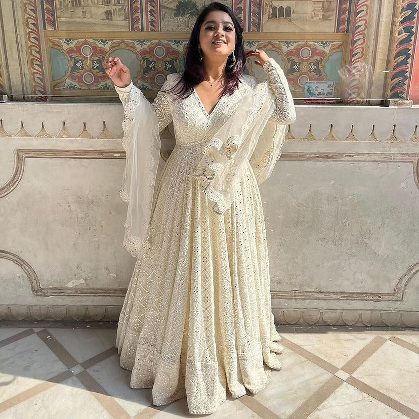 White Lakhnawi Embroidered Georgette Fully Stitched Long Anarkali Suit subhvastra White Lakhnawi Embroidered Georgette Fully Stitched Long Anarkali Suit subhvastra