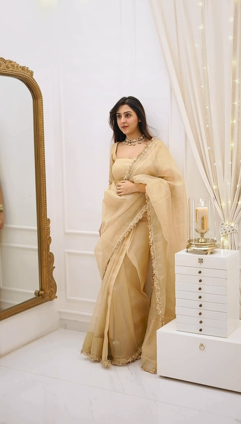 Beige Gold Fendy Silk With Far Border Saree