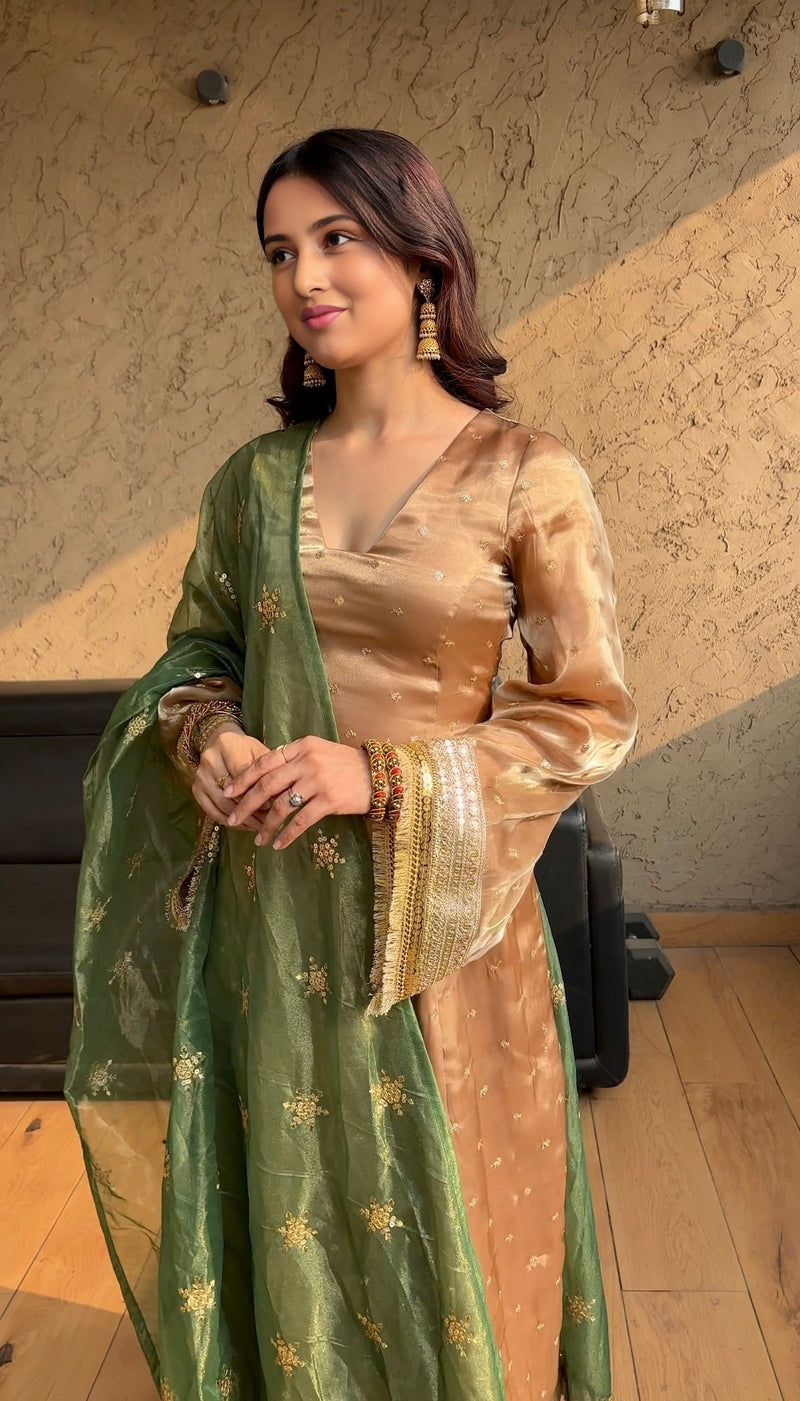 Chiku Silk Anarkali Set with Double Dupatta & Bell Sleeves