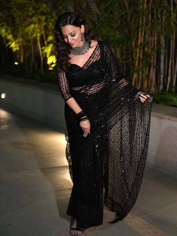 Designer Black Sequins Saree With Unstitched Blouse