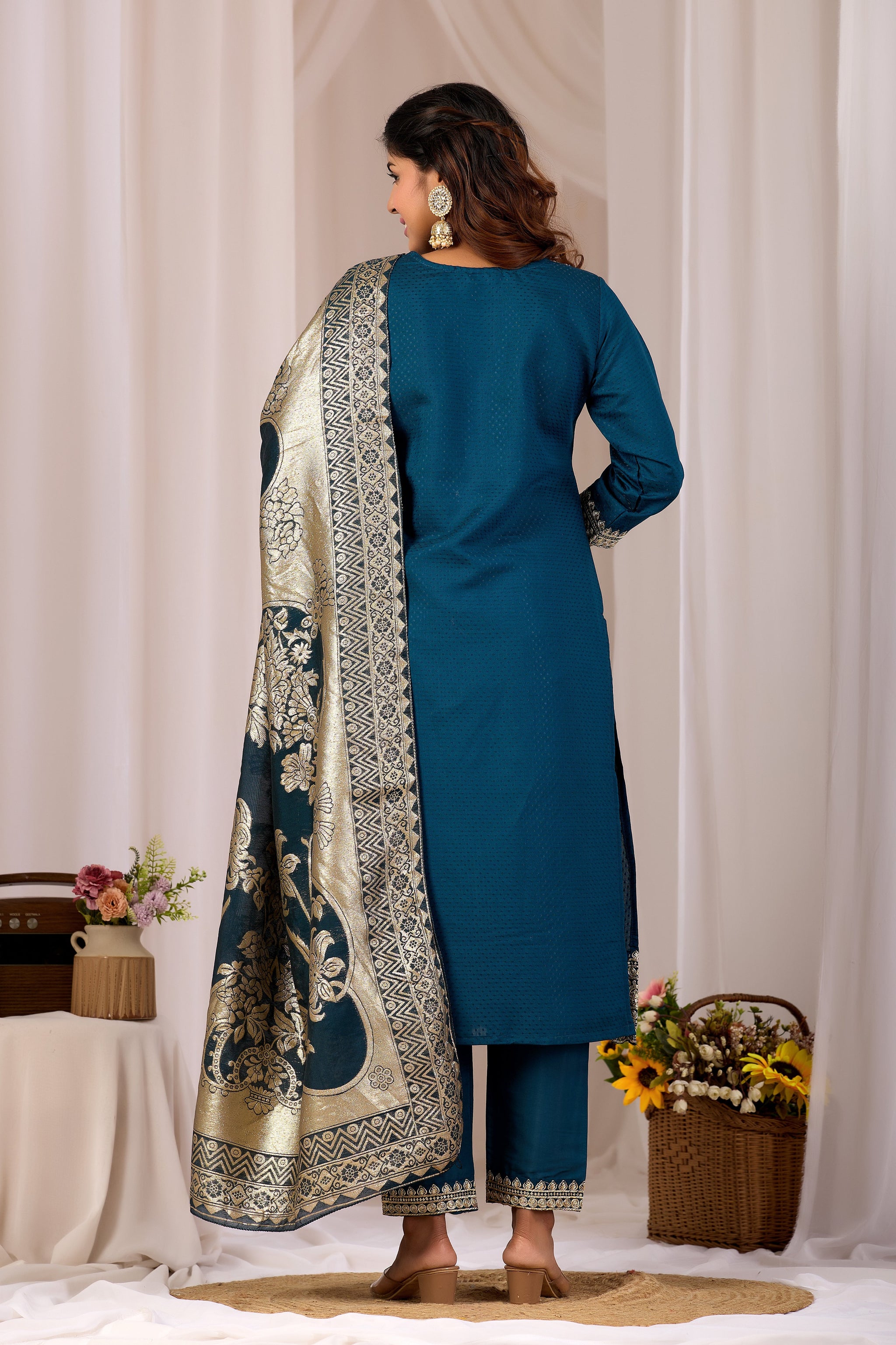 Blue Cotton Straight Kurta Set for Women With Jacquard Dupatta