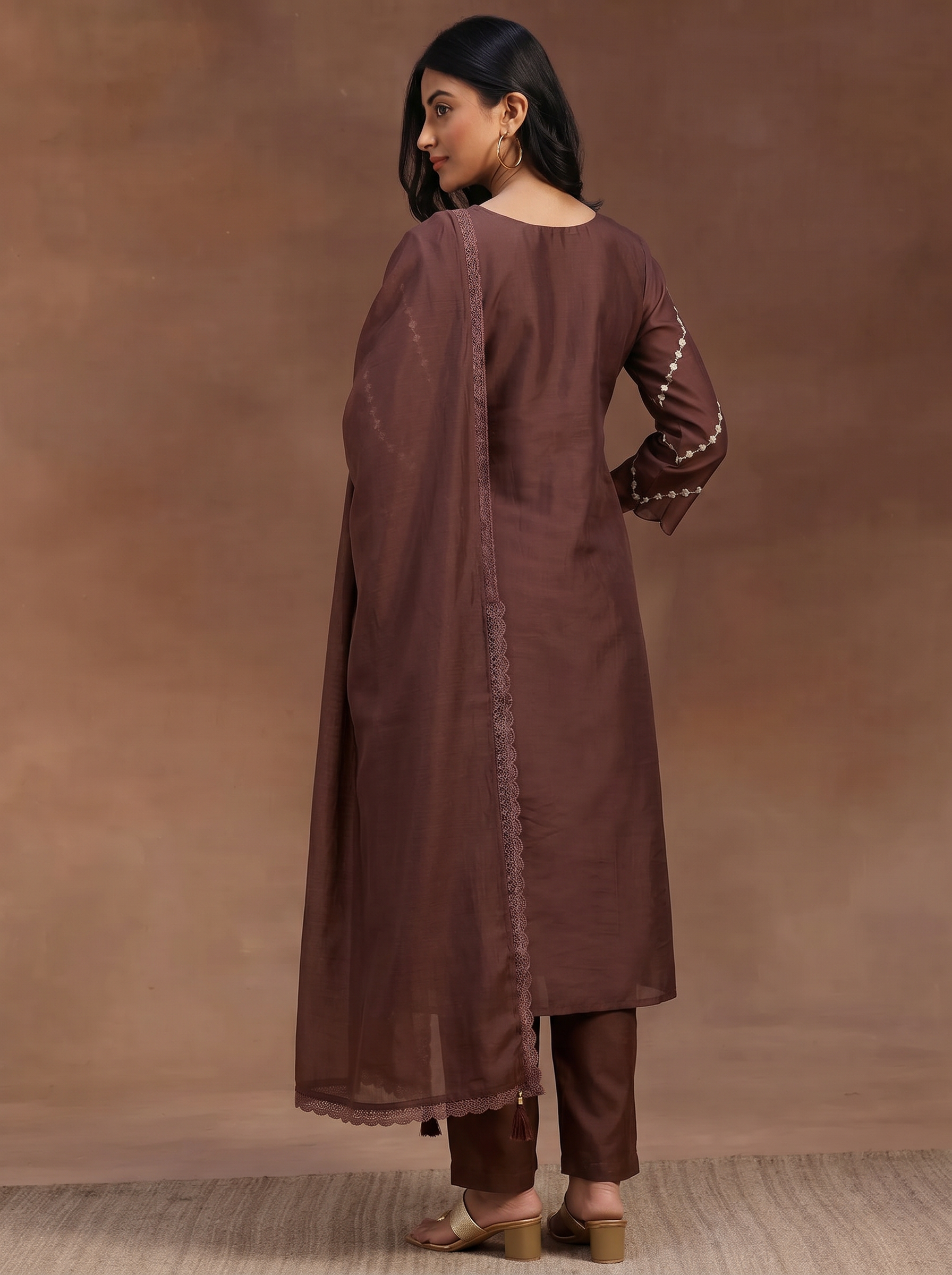 Brown Embroidered Cotton A-Line Kurta Set with Dupatta