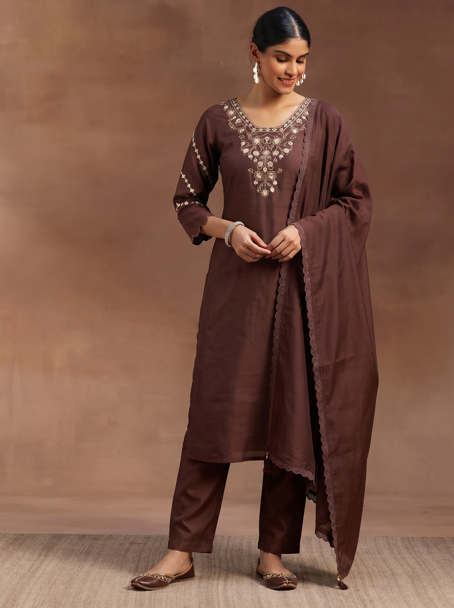 Brown Embroidered Cotton A-Line Kurta Set with Dupatta