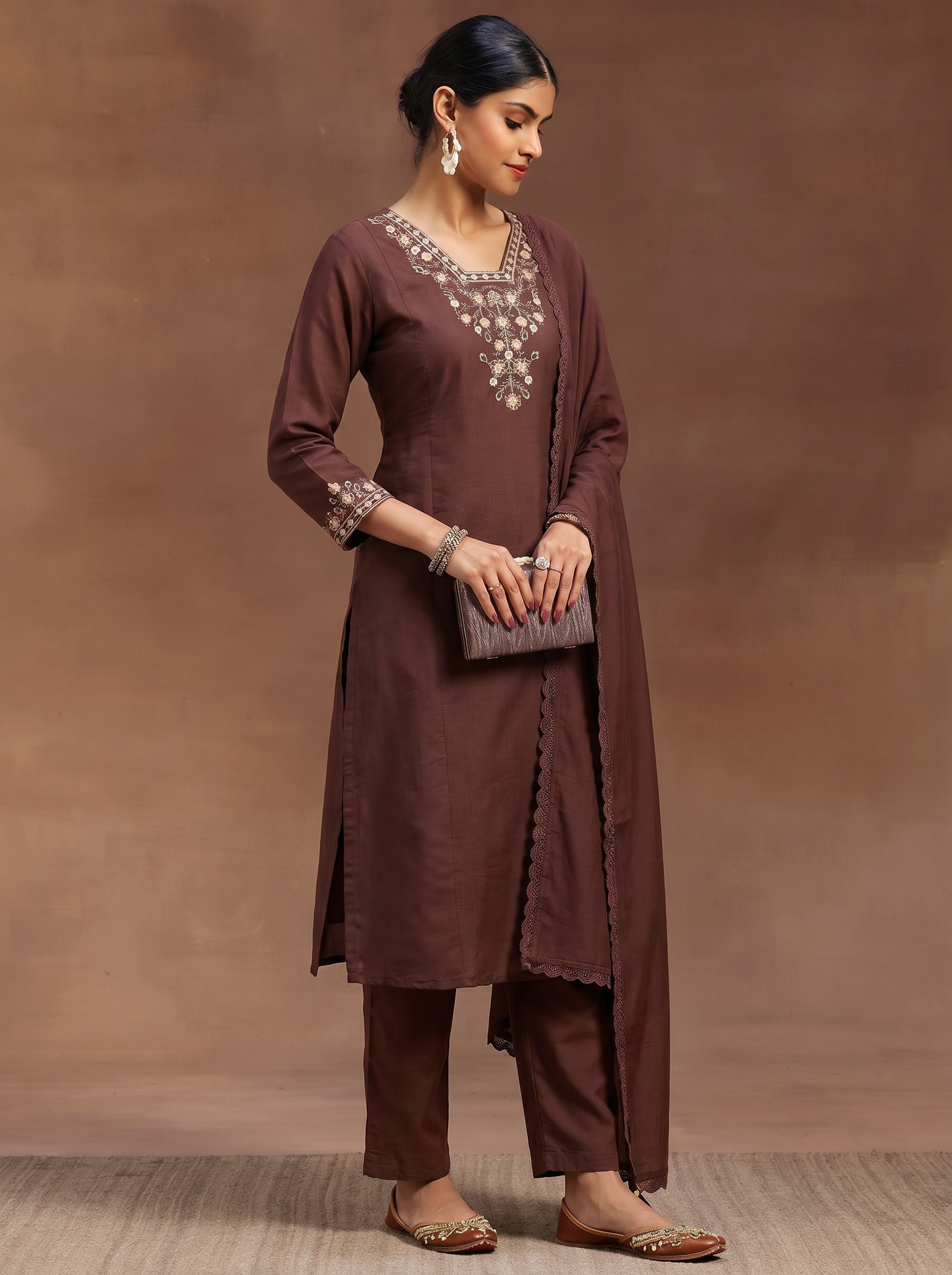 Brown Embroidered Cotton A-Line Kurta Set with Dupatta