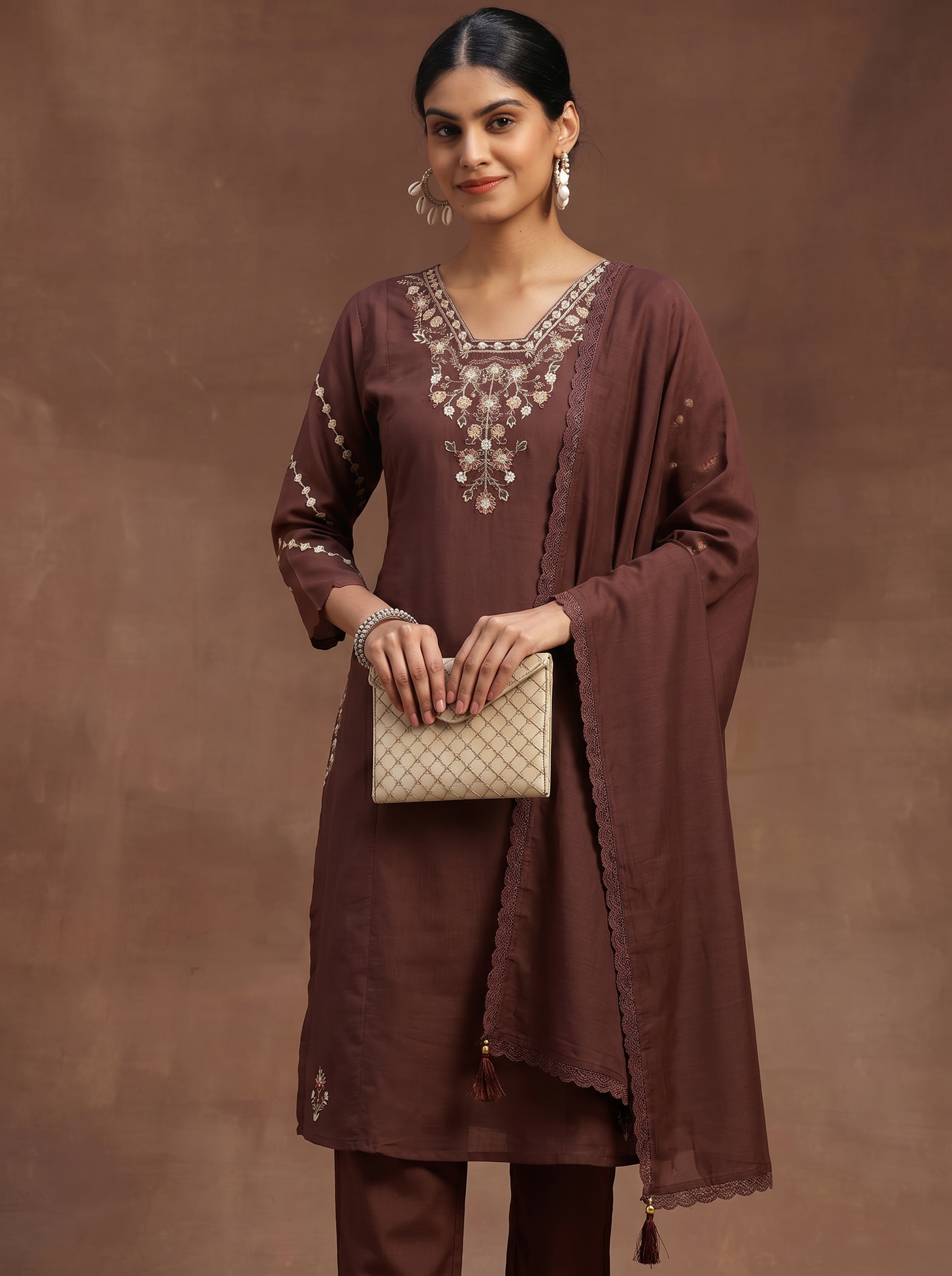 Brown Embroidered Cotton A-Line Kurta Set with Dupatta