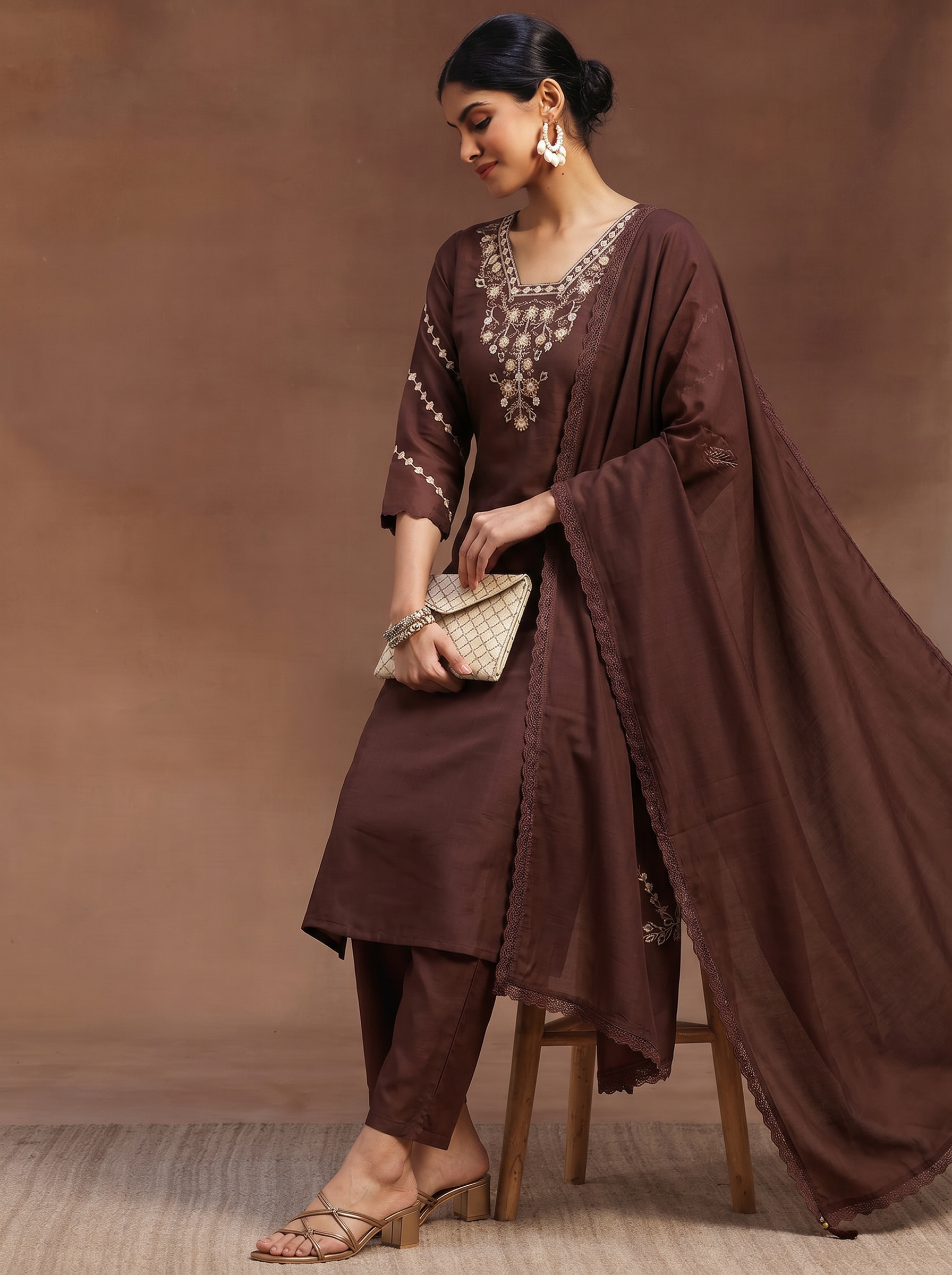 Brown Embroidered Cotton A-Line Kurta Set with Dupatta