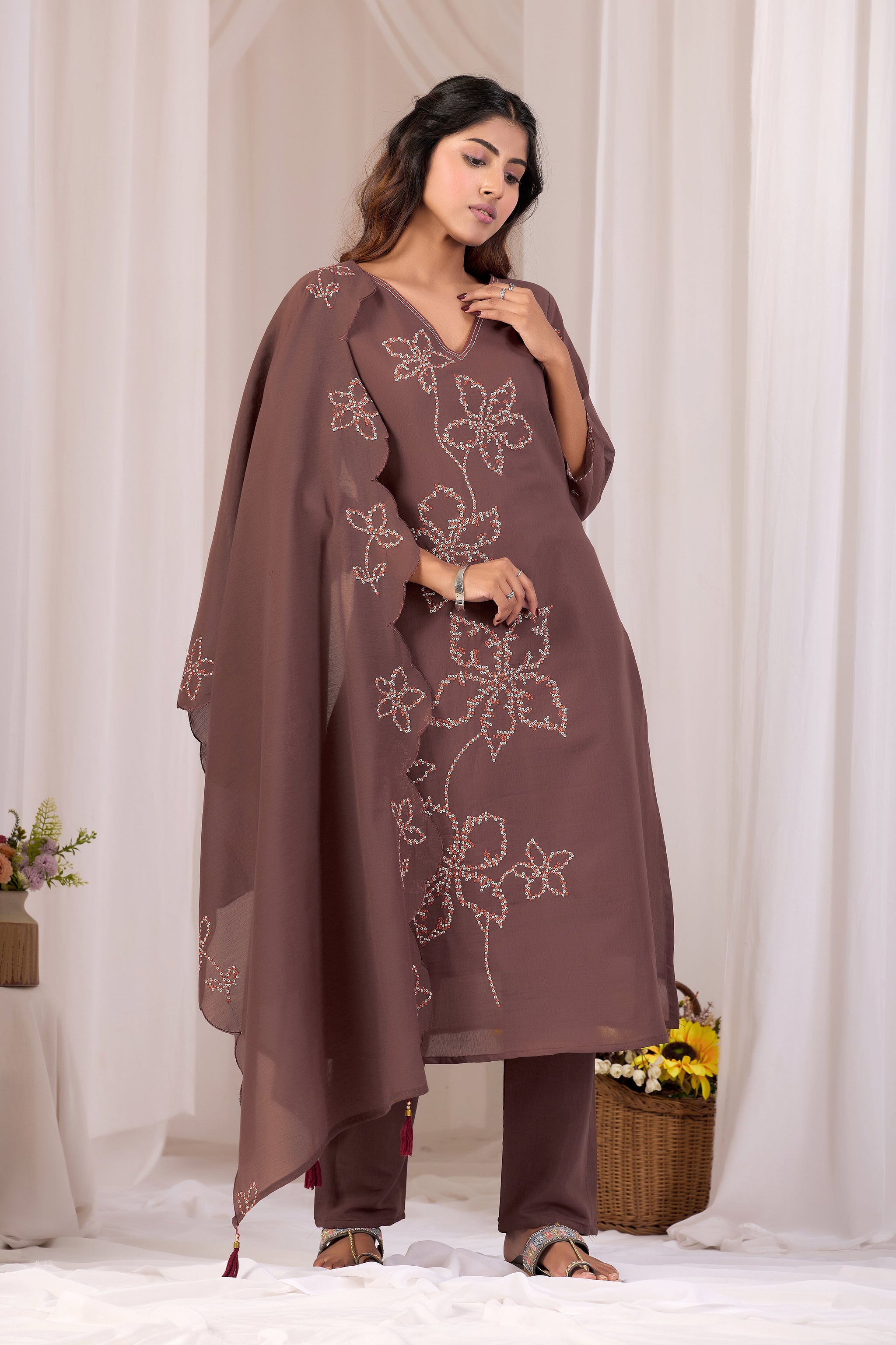 Coffee Brown Mirror Work Kurta with Ikat Print Sleeves & Pant