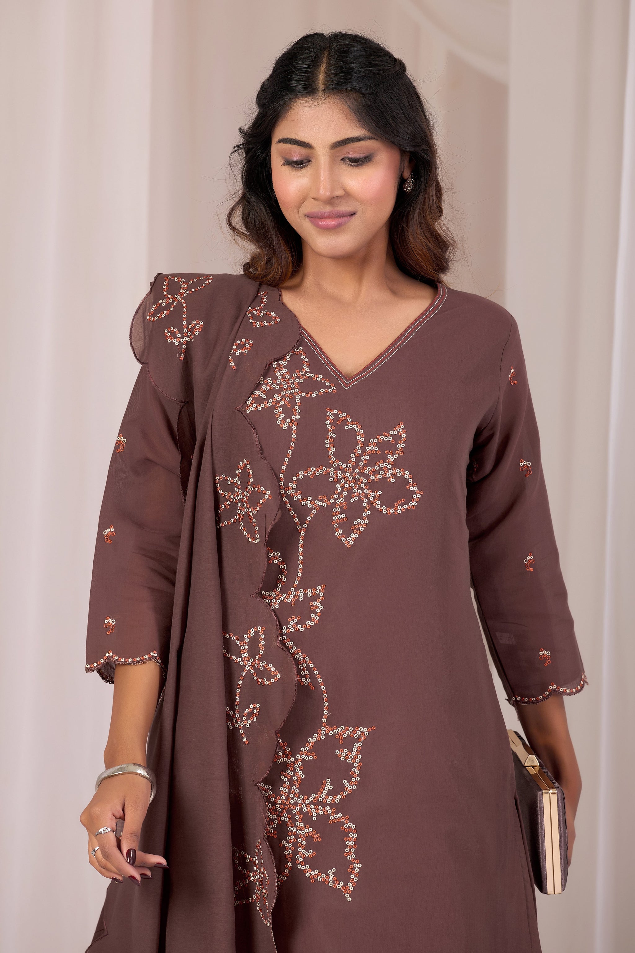 Coffee Brown Mirror Work Kurta with Ikat Print Sleeves & Pant