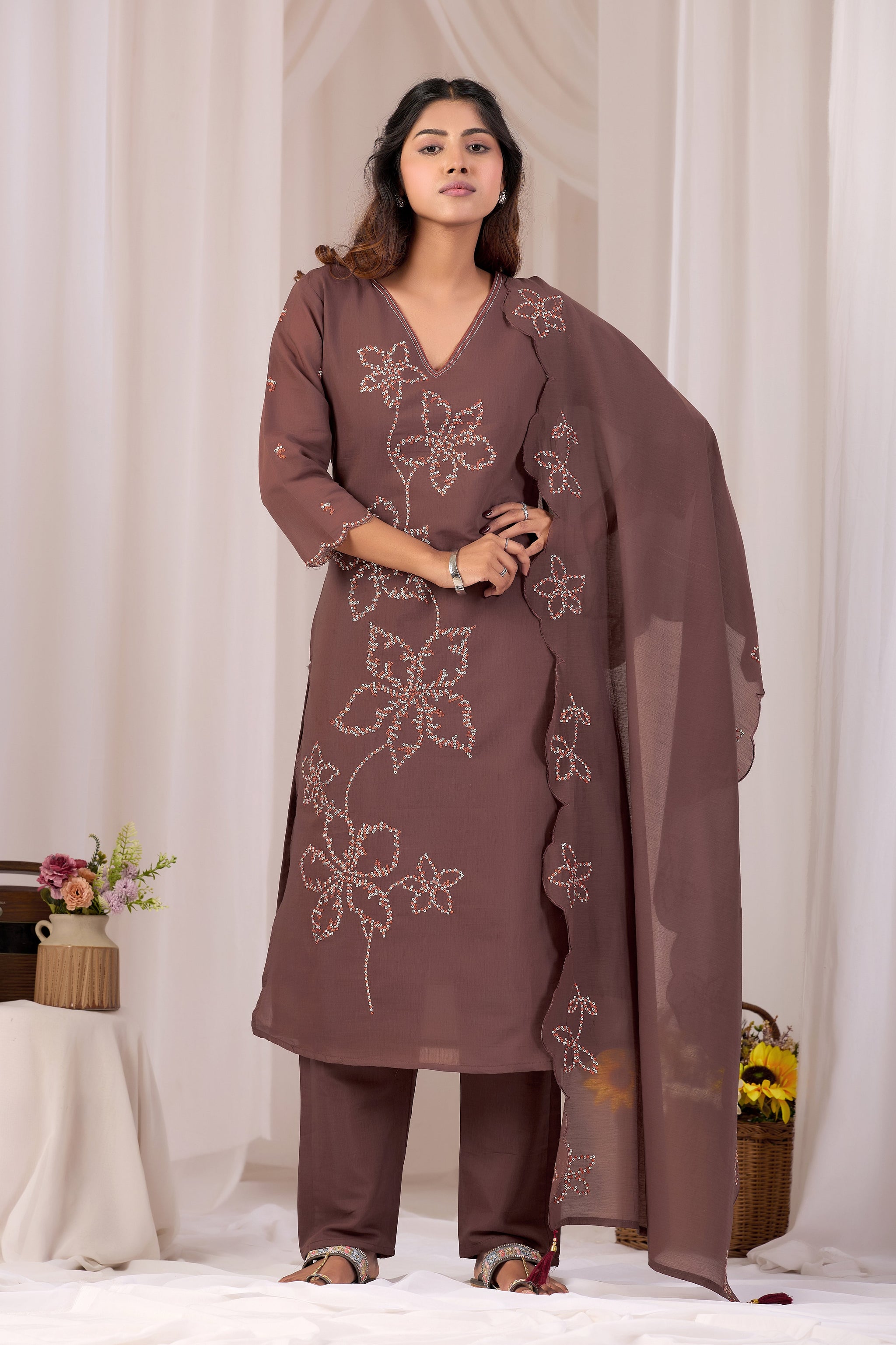 Coffee Brown Mirror Work Kurta with Ikat Print Sleeves & Pant
