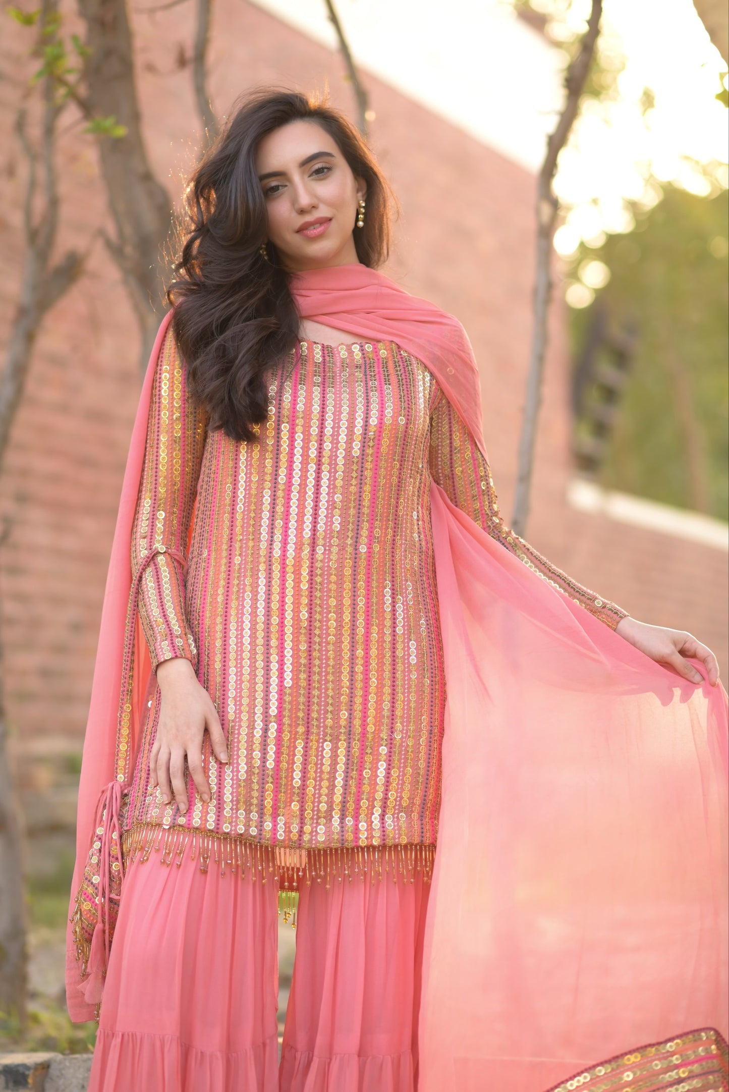 Peach Festive Embroidered Sequin Sharara Suit Set & Gharara Suit Set