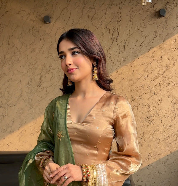 Chiku Silk Anarkali Set with Green Dupatta & Bell Sleeves