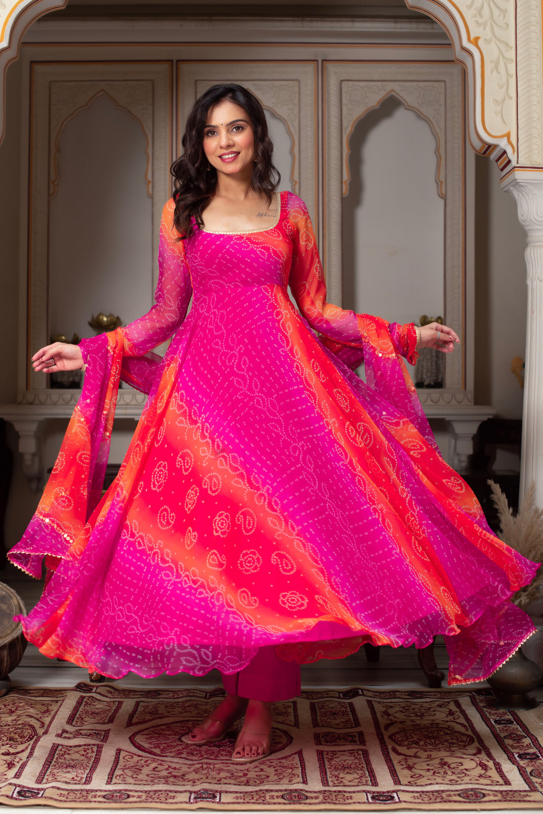 Pink Pure Soft Gorgette Bandhni Anarkali Suit Set