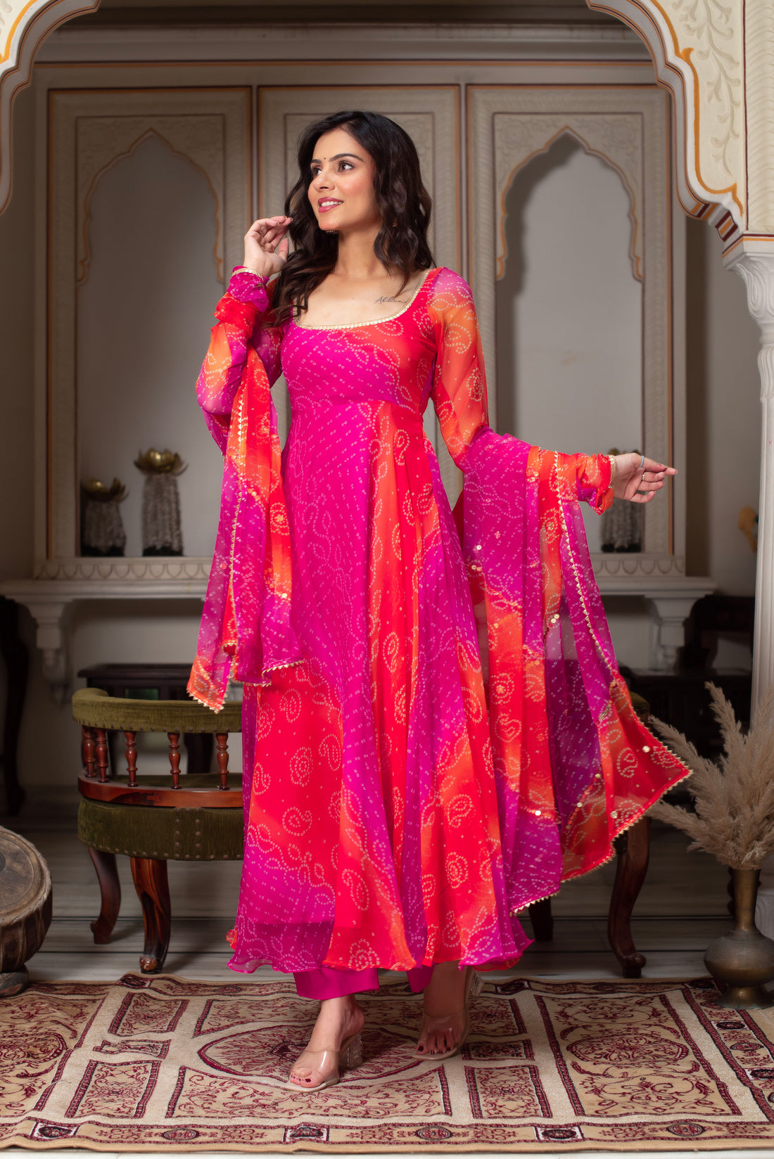 Pink Pure Soft Gorgette Bandhni Anarkali Suit Set