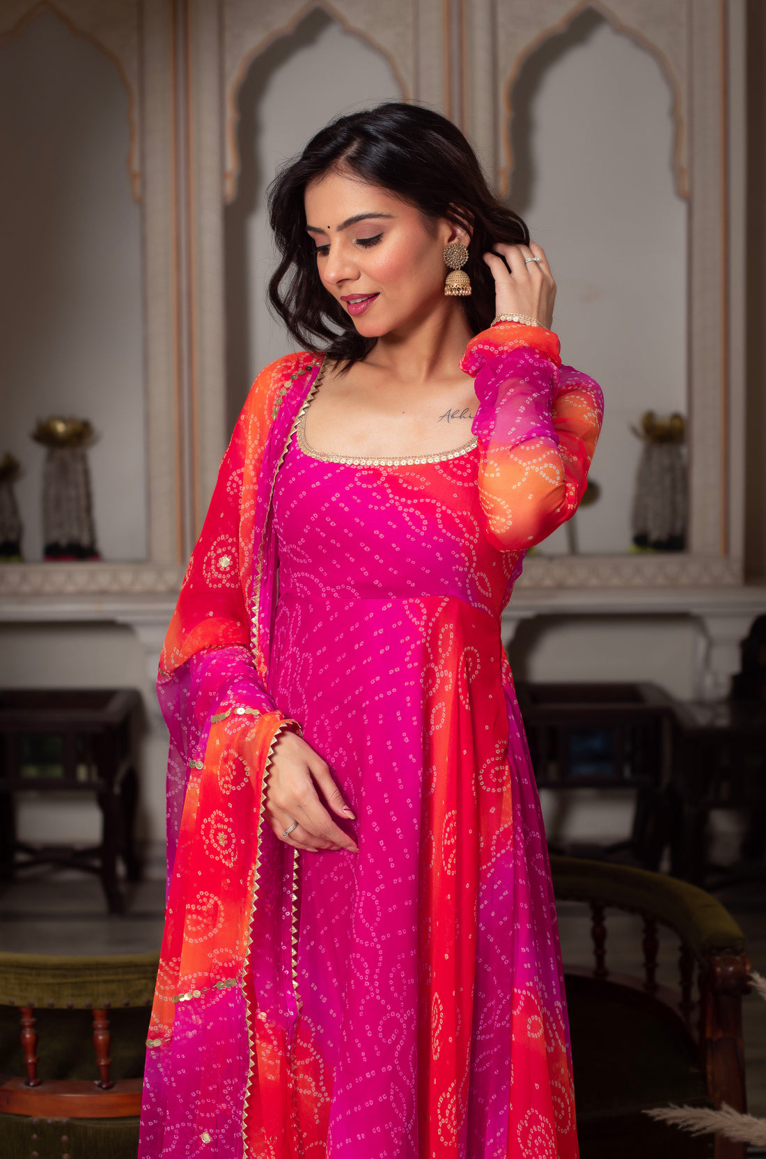 Pink Pure Soft Gorgette Bandhni Anarkali Suit Set