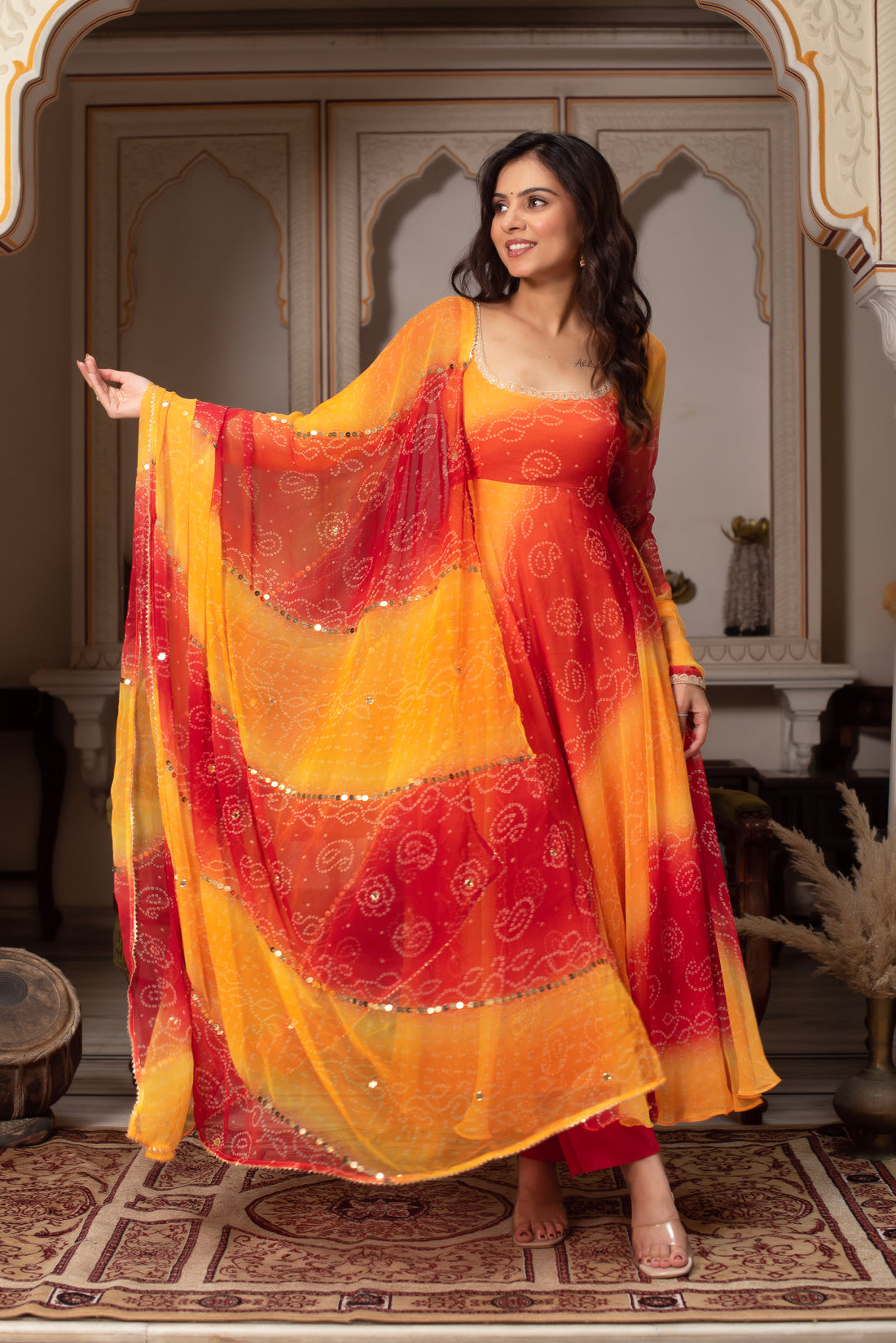 Orange Designer Bandhni Anarkali Suit Set