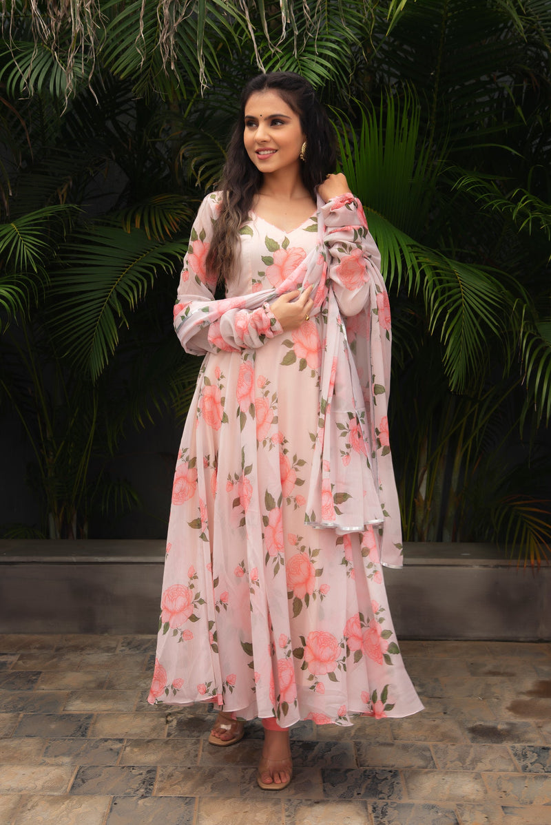 Pink Anarkali Dress With Floral Printed Design