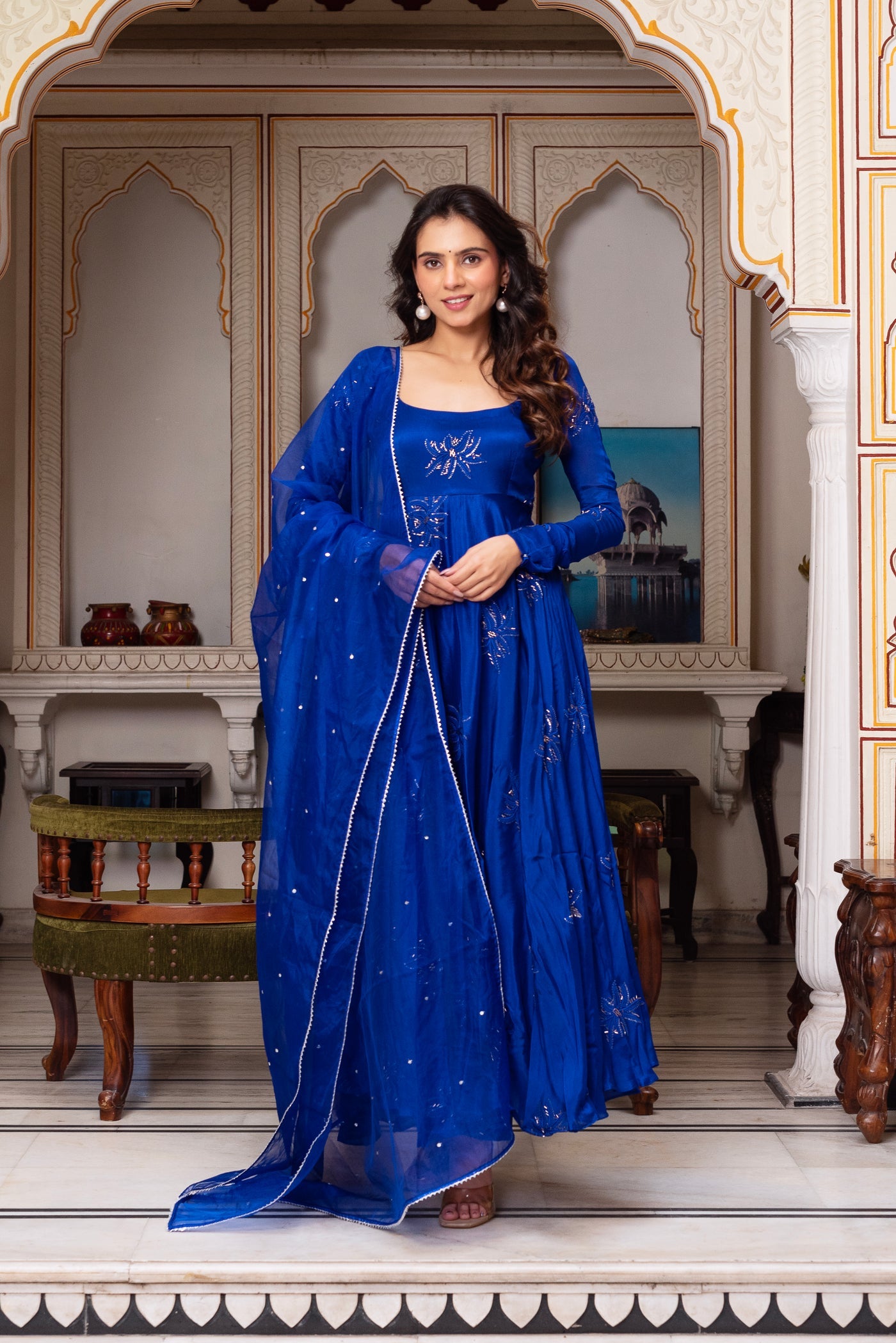 Blue Color Faux Georgette Thred & Sequnce Embroidered Work Anarkali Suit Set