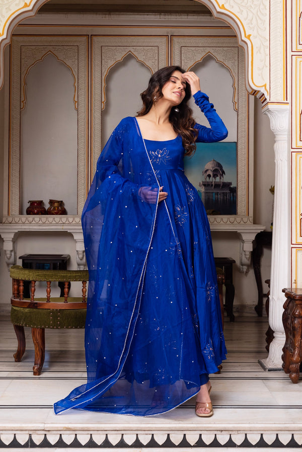 Blue Color Faux Georgette Thred & Sequnce Embroidered Work Anarkali Suit Set