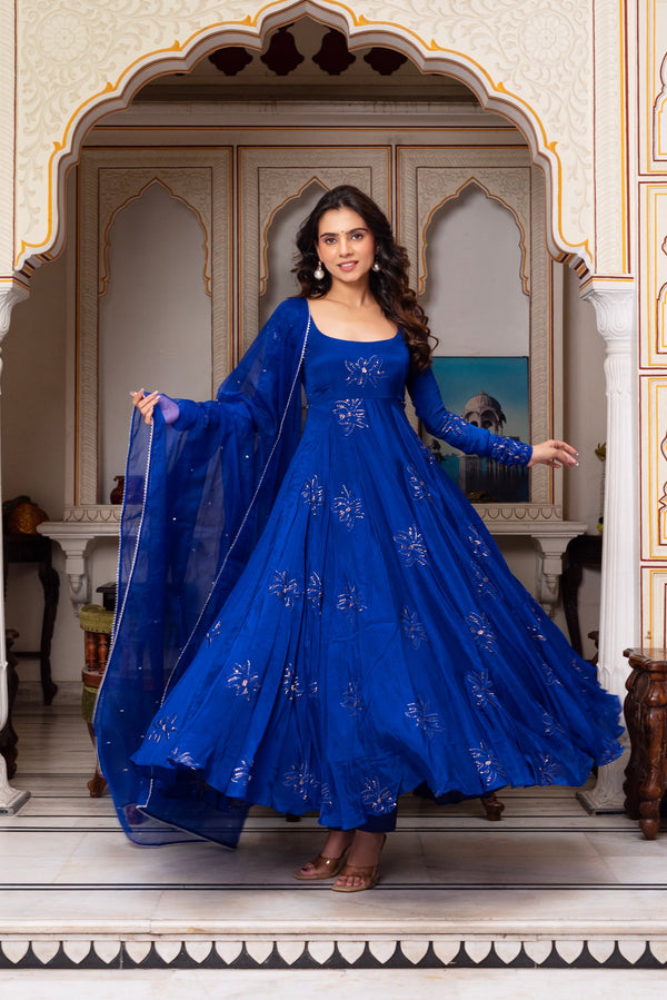 Blue Color Faux Georgette Thred & Sequnce Embroidered Work Anarkali Suit Set